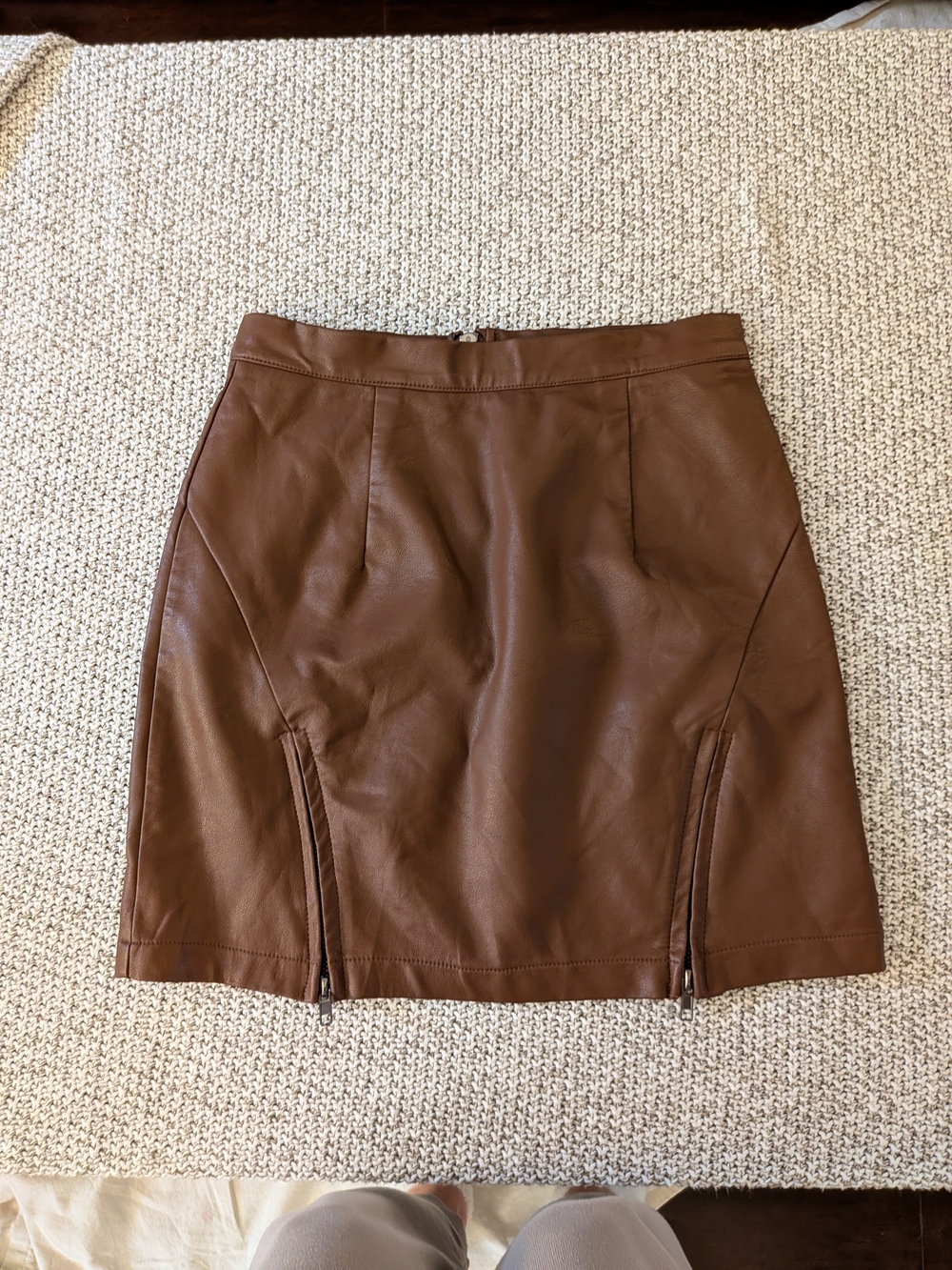 Womens Brown Faux Leather Mini Skirt with Front Zips